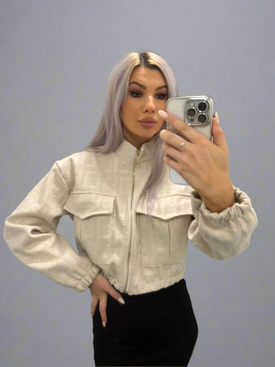 Cropped Print Suedette Bomber Jacket Off White
