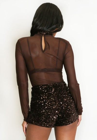 Sequin Neck Mesh Bodysuit Brown