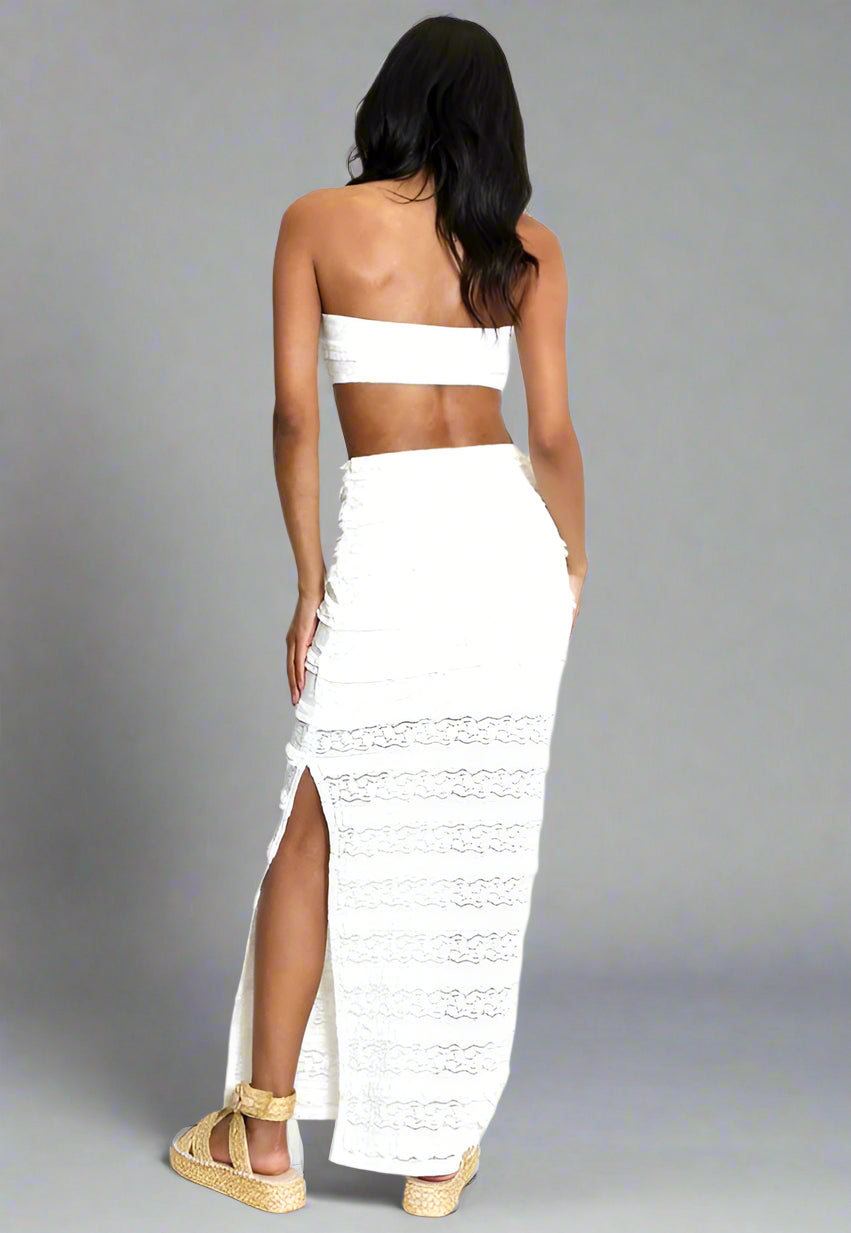 Lace Panelled Bandeau And Maxi Skirt Set Cream
