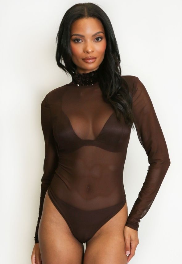 Sequin Neck Mesh Bodysuit Brown