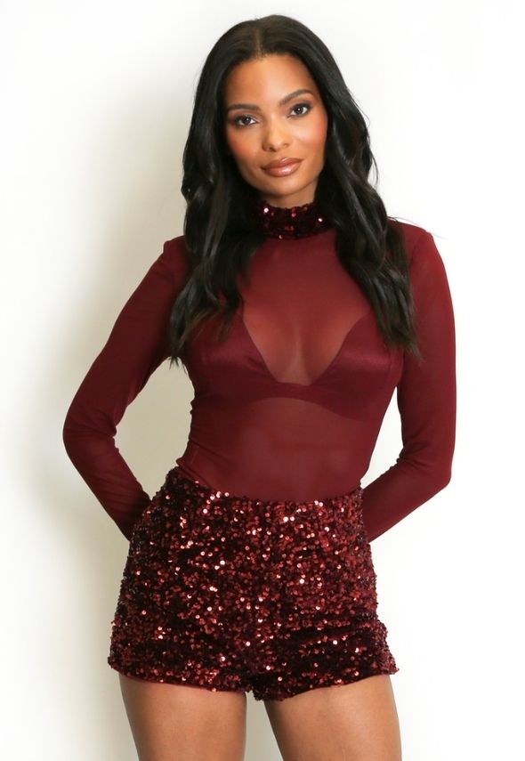 Sequin Neck Mesh Bodysuit Wine