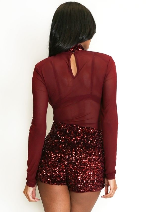 Sequin Neck Mesh Bodysuit Wine