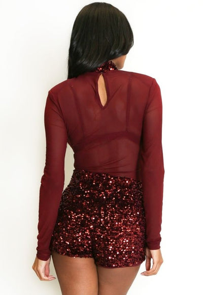 Sequin Neck Mesh Bodysuit Wine