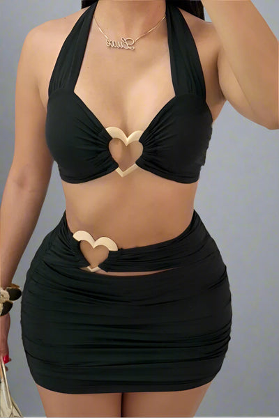 Heart Clip Bra & Mini Skirt Set Black