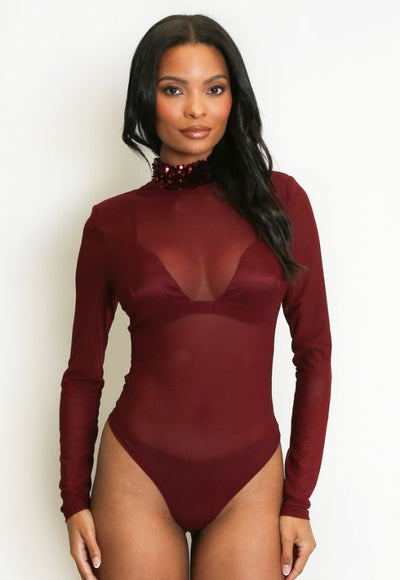 Sequin Neck Mesh Bodysuit Wine