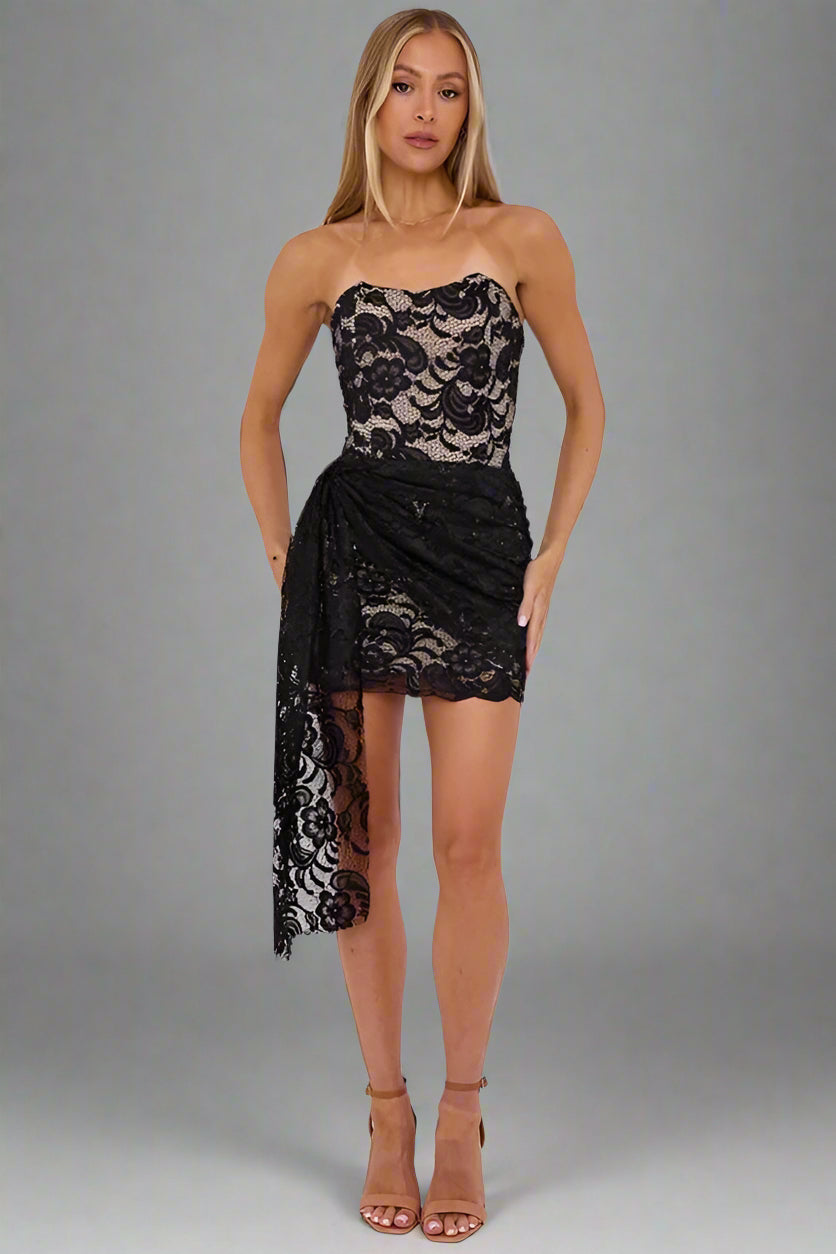 Lace Bandeau Mini Dress With Drape Detail Black