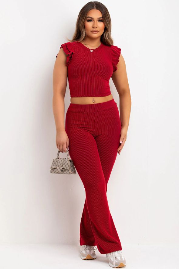 Frill Shoulder Top And Skinny Flare Trouser Set Ribbed Red