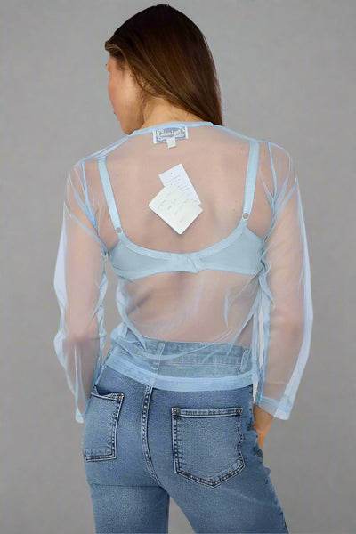 Mesh Button Through Long Sleeve Top Sky Blue