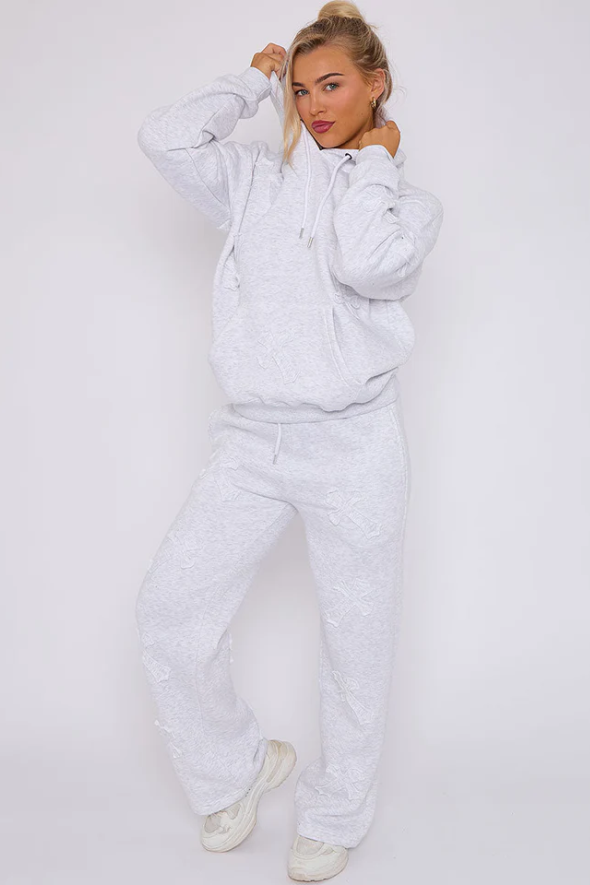 Oversized Crucifix Cross Hooded Tracksuit Bleach Grey