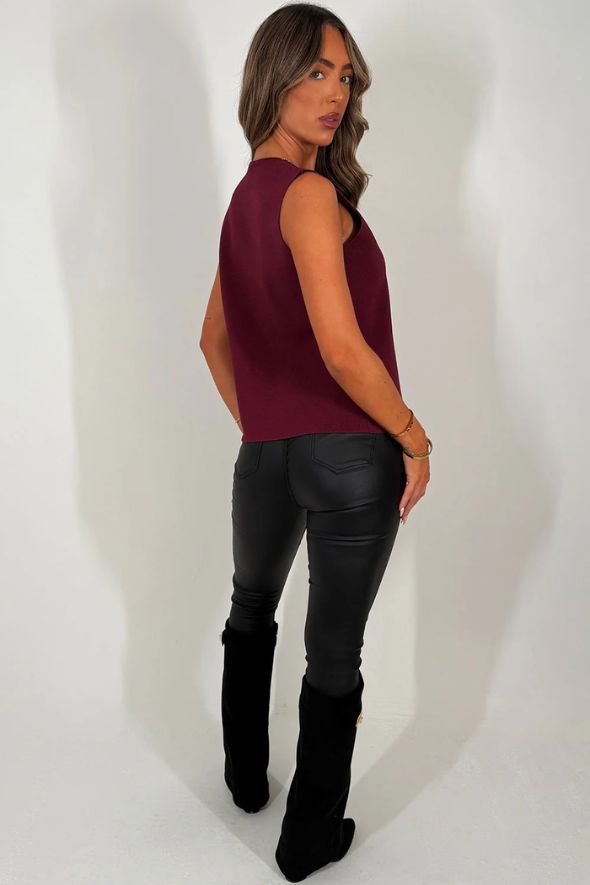 Burgundy Knitted Cardigan Sleeveless Jumper With Gold Button