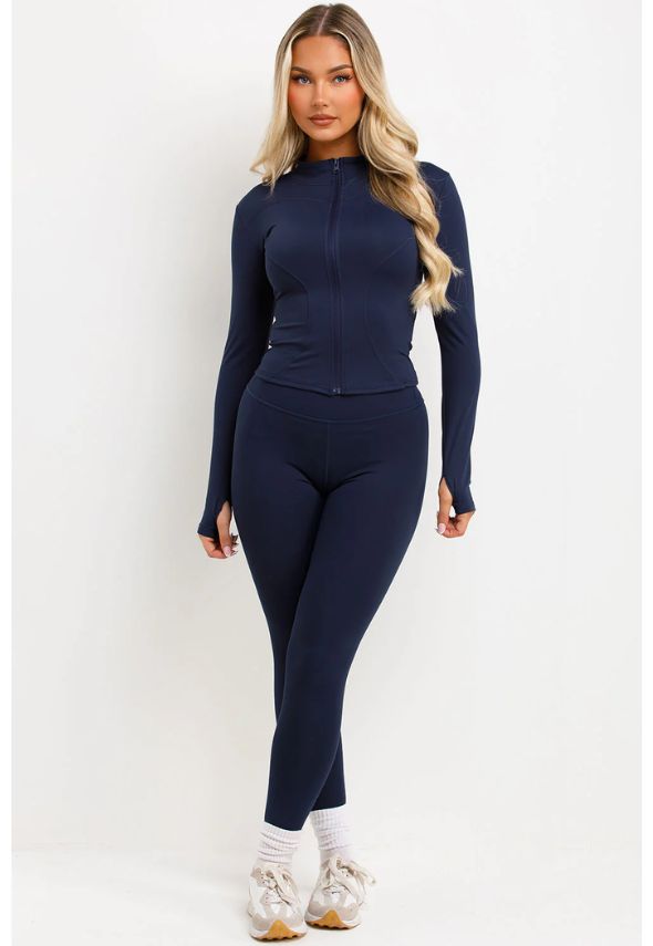 Zip Up Sports Jacket And Seamless Leggings Co Ord Set Navy