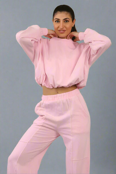 Acid Wash Bubble Hem Sweatshirt & Jogger Tracksuit Pink