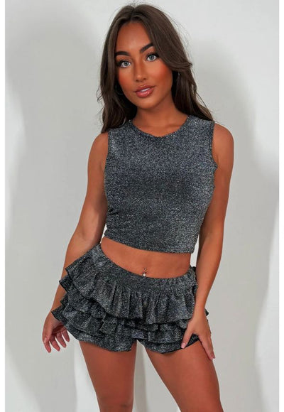 Ruffle Frilly Lace Shorts & Top Co Ord Silver