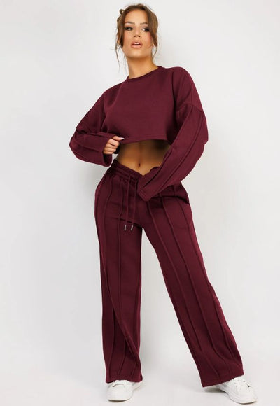 Wine Pintuck Seam Detail Joggers And Crop Sweatshirt Tracksuit