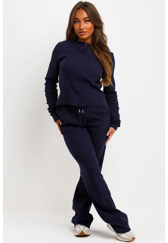 Rib Button Up Long Sleeve Top And Trouser Loungewear Set Navy