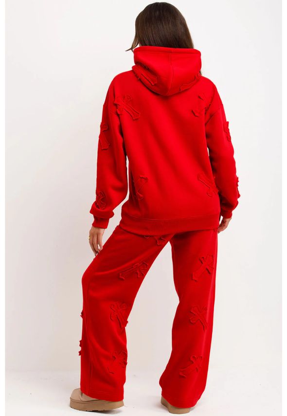 Crucifix Patch Hoodie And Joggers Tracksuit Lounge Set Red