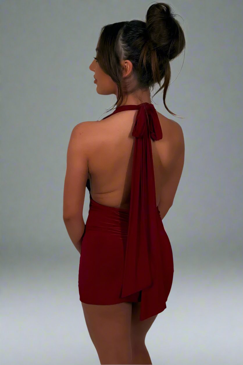 Plunge Neck Bodycon Dress With Ruched Front Burgundy – Looking Good Boutique