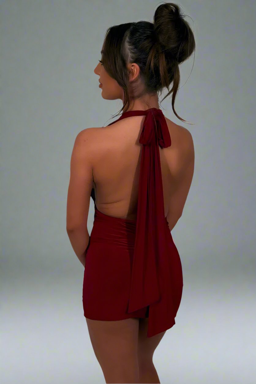 Plunge Neck Bodycon Dress With Ruched Front Burgundy