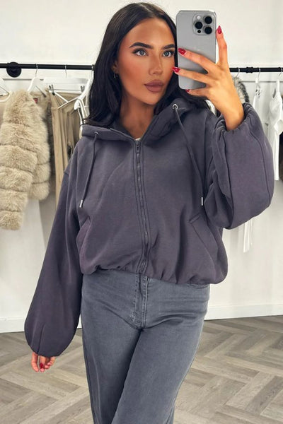 Hooded Jacket With Elastic Hem Grey