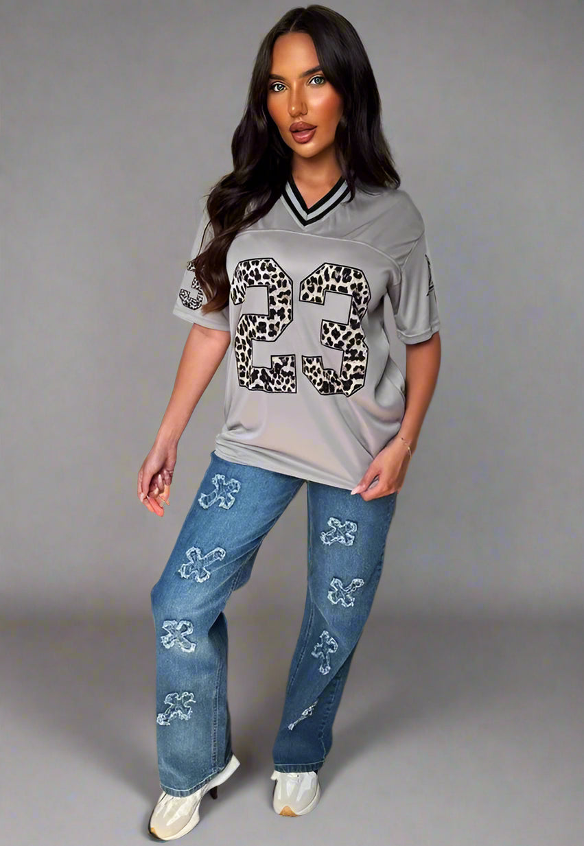 Grey Football V Neck Jersey Top With Leopard Print Slogan