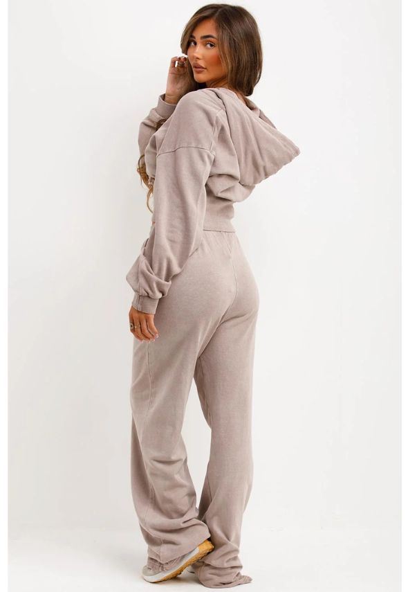 Crop Sweatshirt Hoodie And Bell Bottom Trousers Loungewear Dove Grey