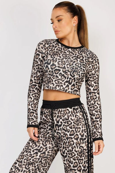 Black Striped Leopard Print Ribbed Crop Top & Trousers Loungewear Set