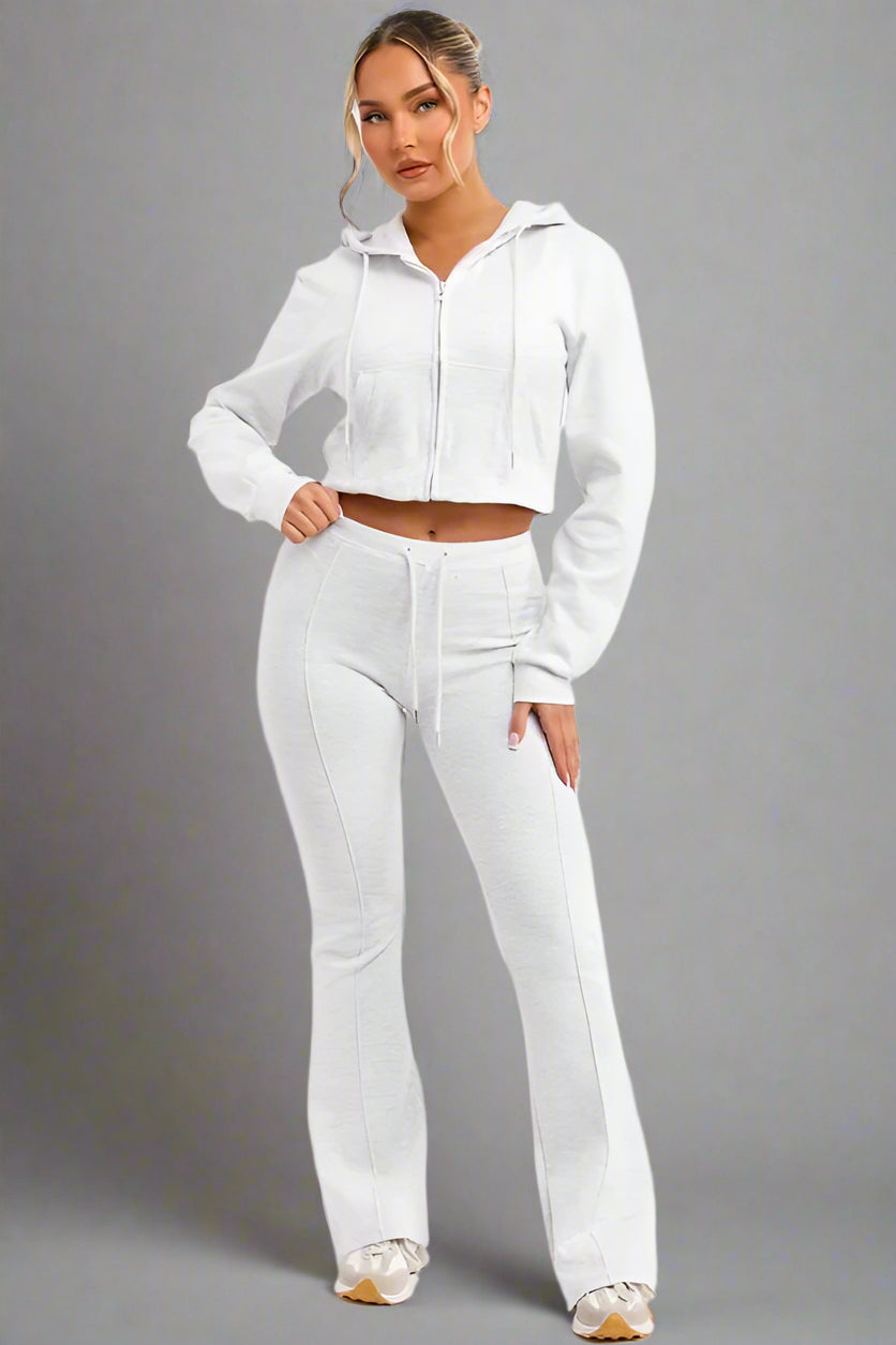 Crop Sweatshirt Hoodie And Bell Bottom Trousers Loungewear Grey Marl