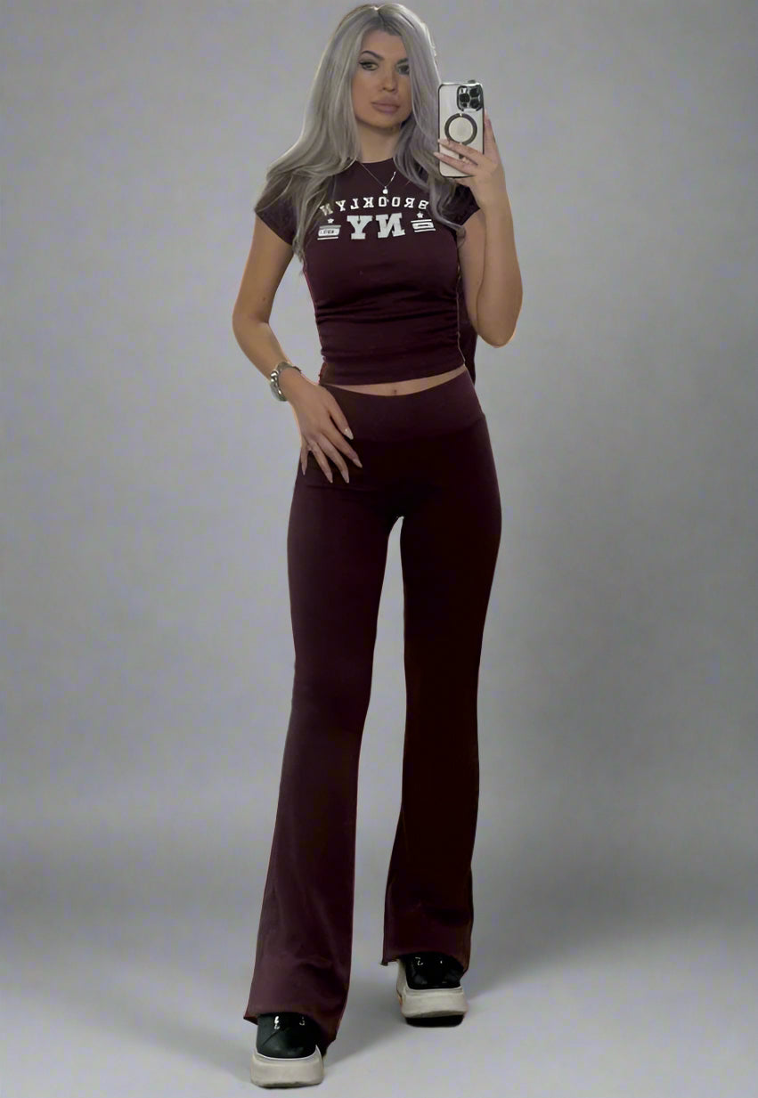 Cropped T-Shirt & Flared  Leggings Set Wine