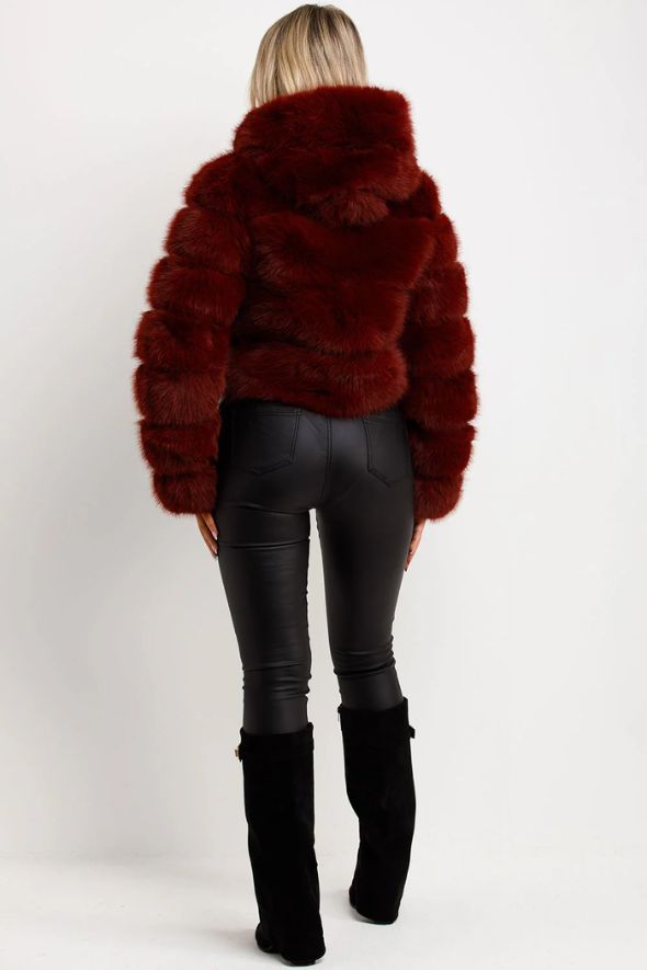 Faux Fur Coat With Hood Burgundy
