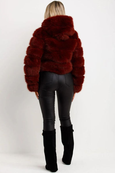Faux Fur Coat With Hood Burgundy