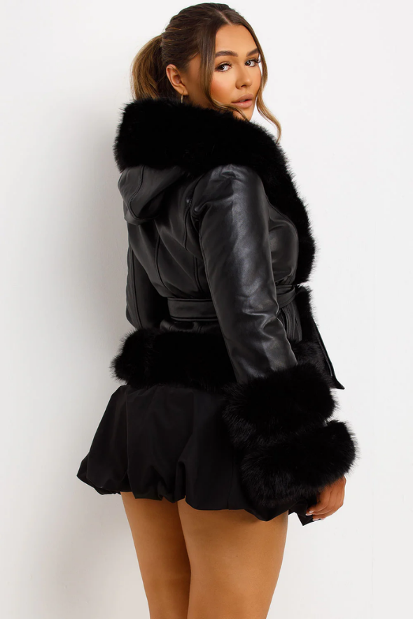 Faux Leather Fur Coat With Hood And Belt Black