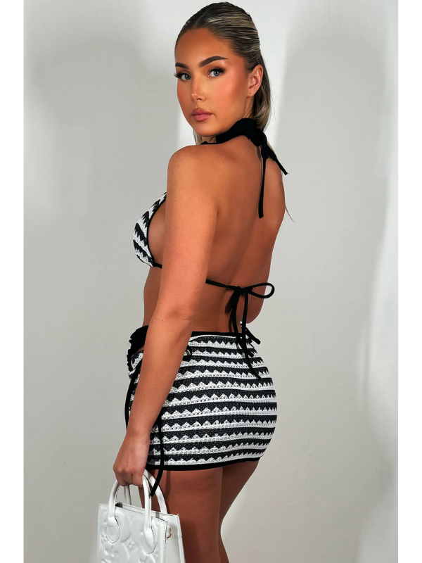 Mini Skirt Bikini 3 Piece Co Ord Set Sky Black And White