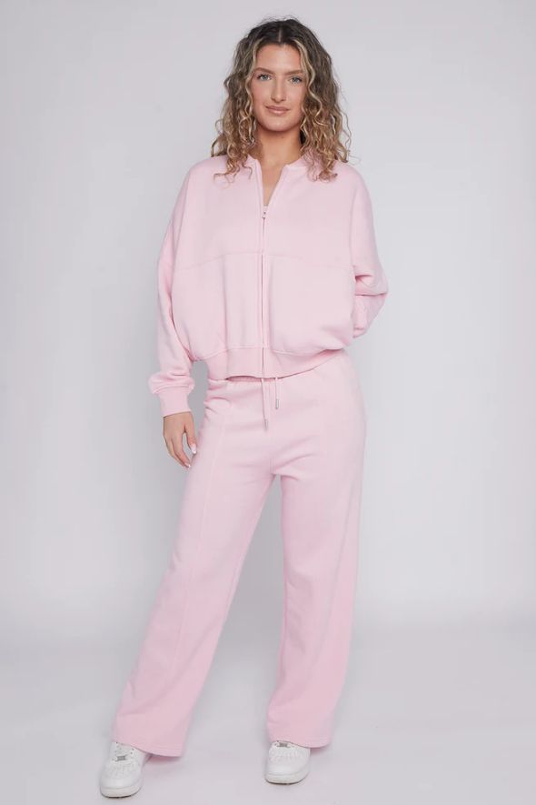 Bomber Style Oversize Fleece Zipper & Jogger Set Baby Pink