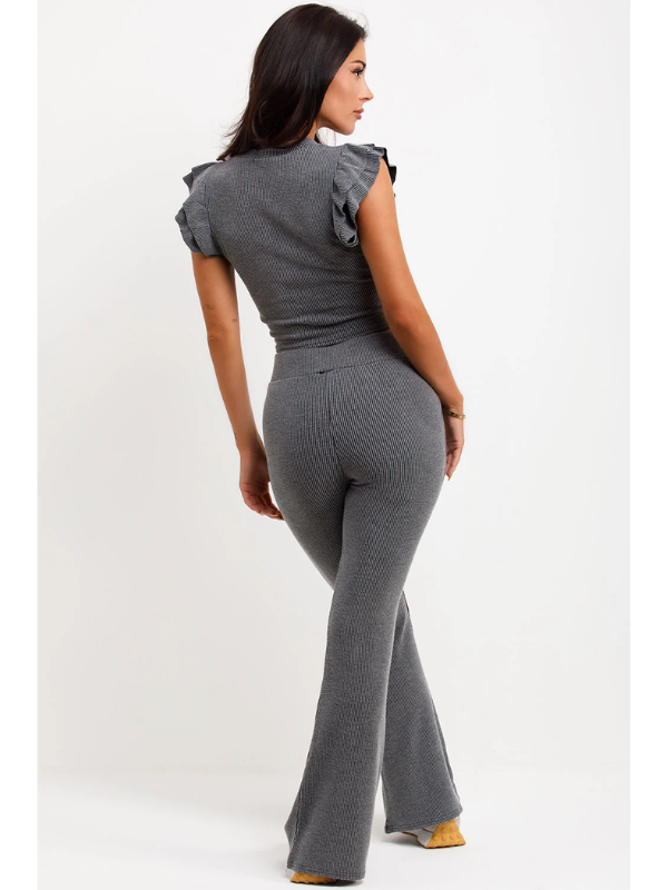 Frill Shoulder Top And Skinny Flare Trouser Set Ribbed Grey