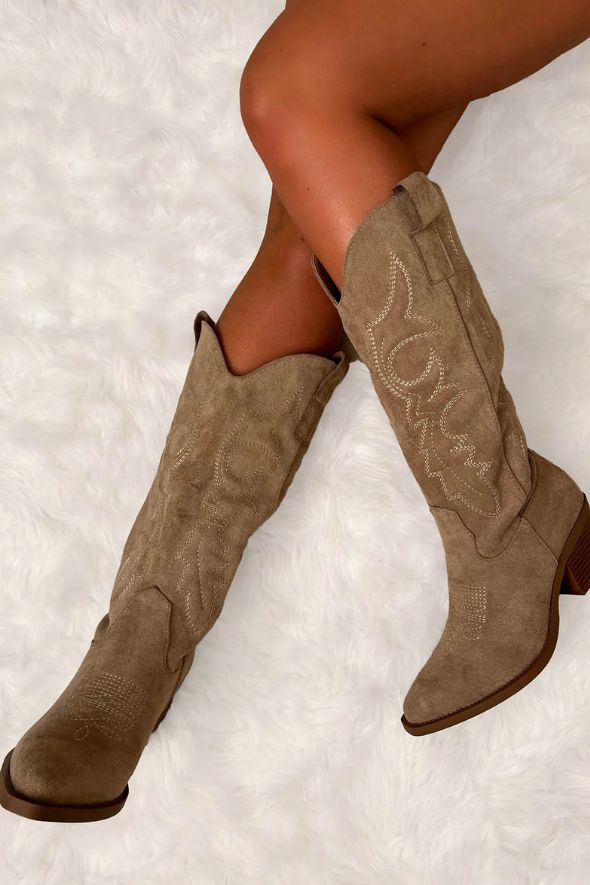 Cowboy Taupe Embroidered Western Mid Calf Boots