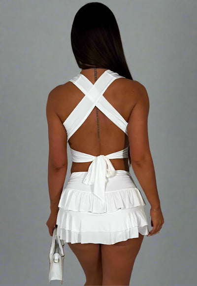 Halter Neck Backless Top And Ruffle Frilly Skirt Set White