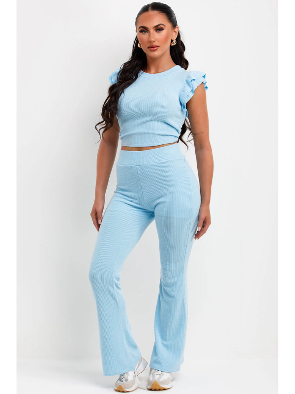 Frill Shoulder Top And Skinny Flare Trouser Set Ribbed sky blue