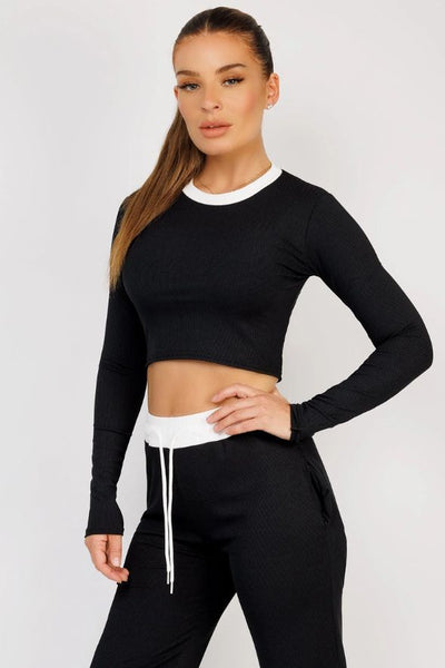 Black Wide Leg Trousers and Long Sleeve Top Loungewear Set