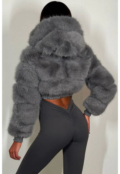 Crop Faux Fur Jacket With Hood Grey