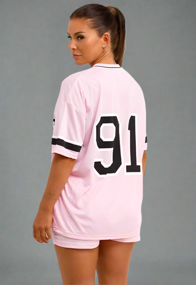 Football Jersey T Shirt And Shorts Co Ord Set With Los Angeles Print Pink