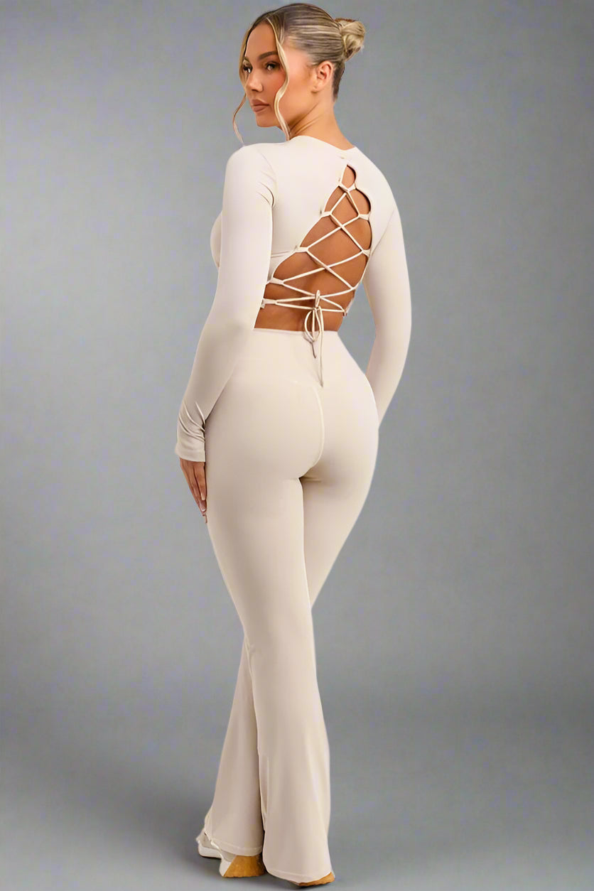 Flare Trouser And Tie Back Co Ord Set Beige