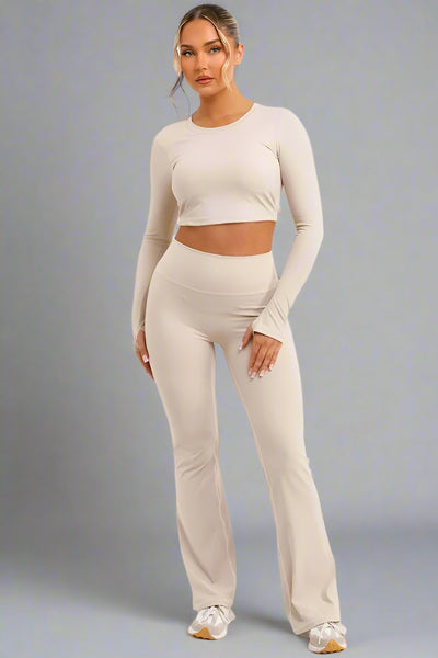 Flare Trouser And Tie Back Co Ord Set Beige