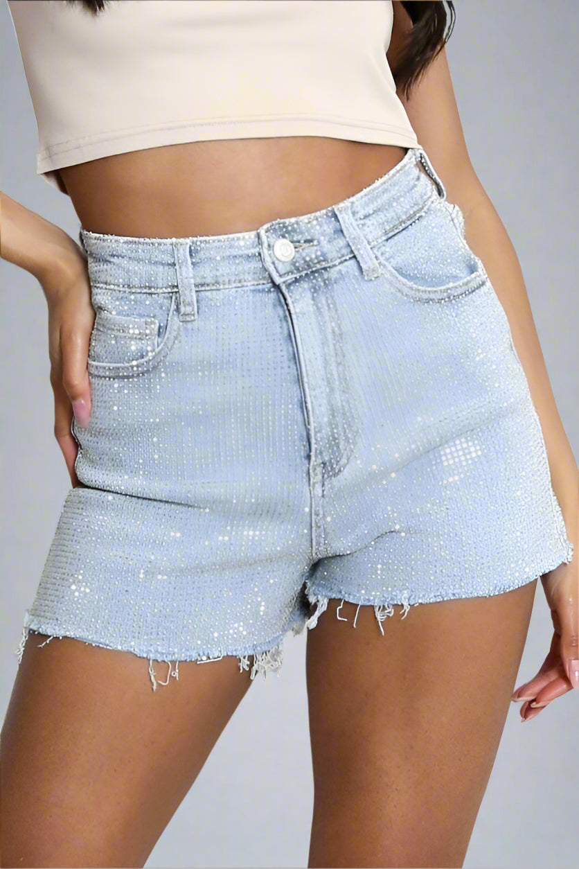 Diamante Unfinished Hem Denim Short