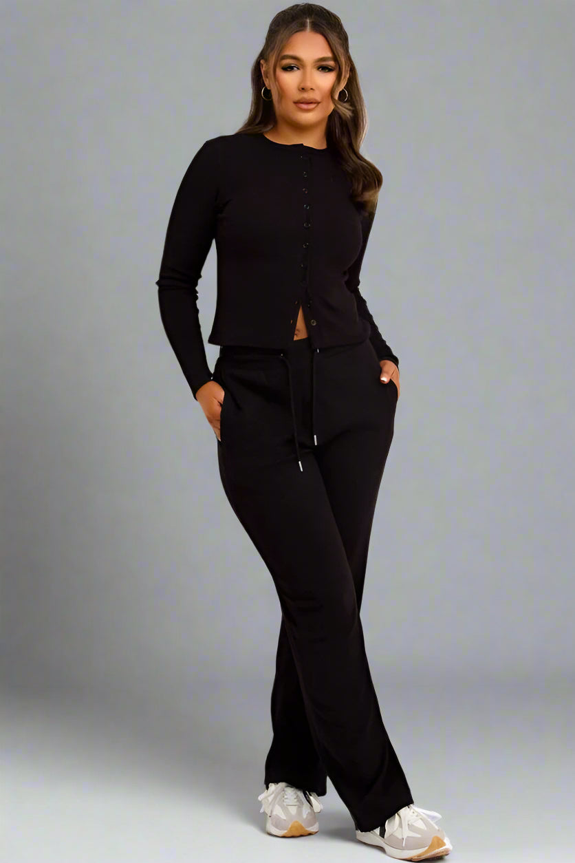 Rib Button Up Long Sleeve Top And Trouser Loungewear Set Black