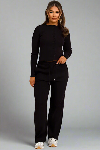 Rib Button Up Long Sleeve Top And Trouser Loungewear Set Black