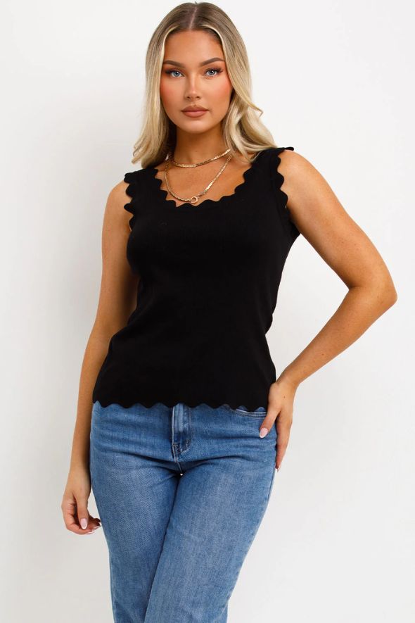 Knitted Vest Top With Scalloped Neck Black