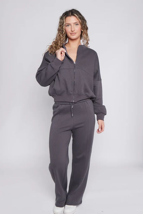 Bomber Style Oversize Fleece Zipper & Jogger Set Slate Grey