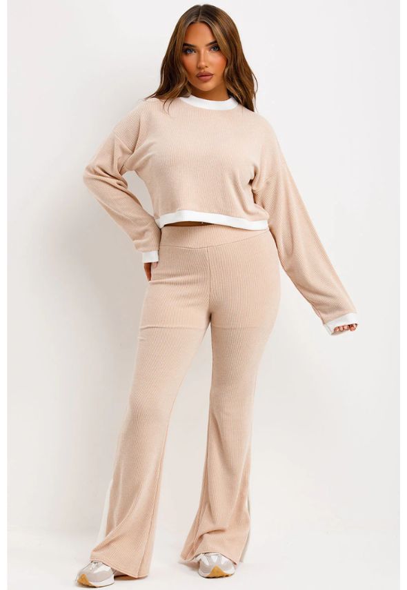 Jumper And Trousers Loungewear Set With Contrast Stripe Split Detail Beige