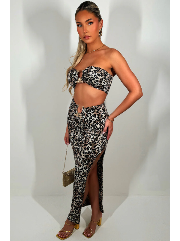 Leopard Print Maxi Skirt And Bandeau Top With Gold Buckle Set