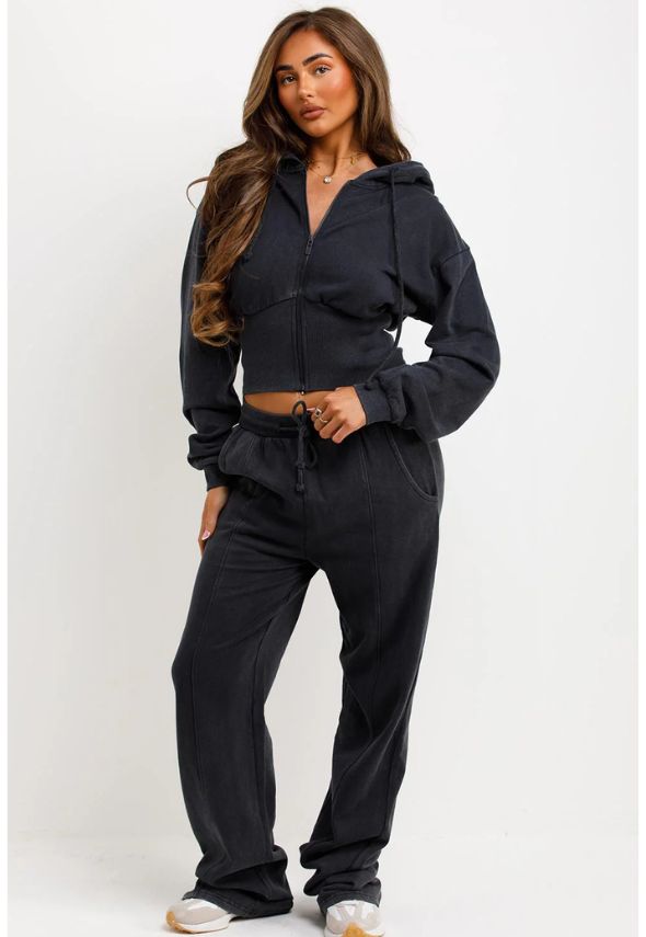 Crop Sweatshirt Hoodie And Bell Bottom Trousers Loungewear Charcoal